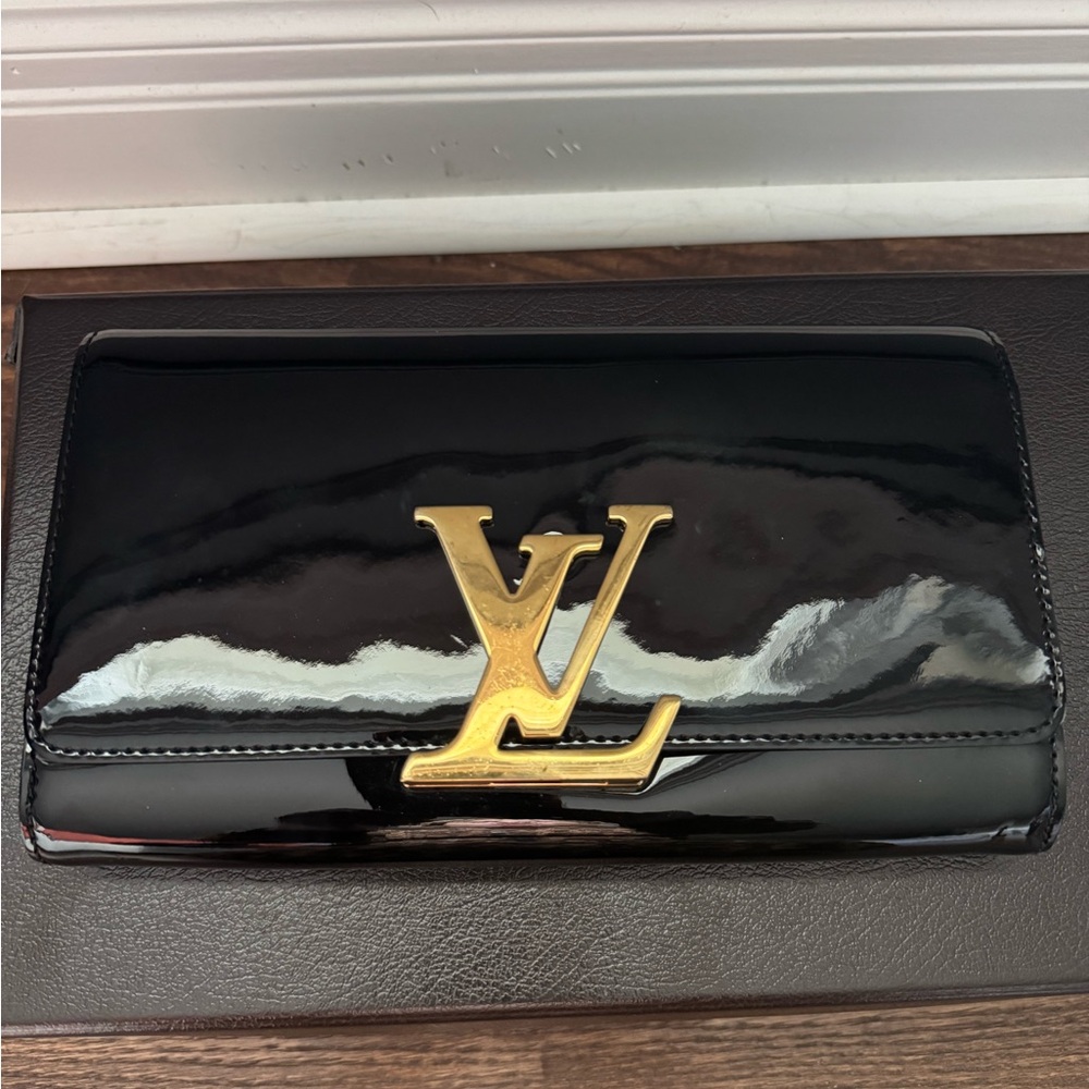 Louis Vuitton Black Patent Leather LV Logo Continental Wallet with Gold Hardware